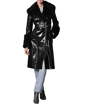 Avec Les Filles Patent Faux Fur Trimmed Trench Coat